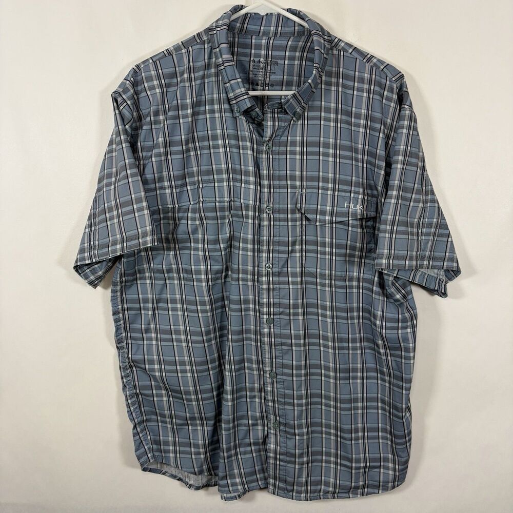 Huk Performance Short Sleeve Button Down Fishing Shirt Mens Large Blue Plaid